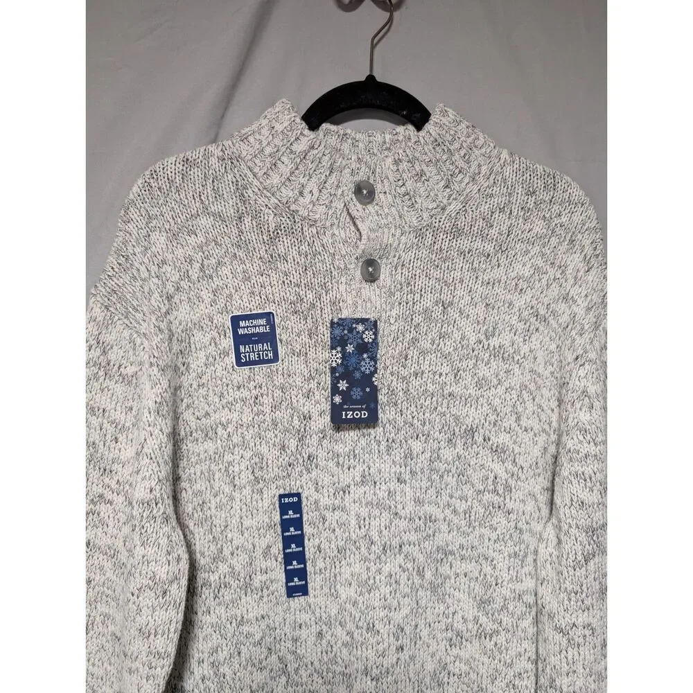 Izod Whisper White Marled Knit Mock Neck Cotton Sweater Quarter Button New‎ XL